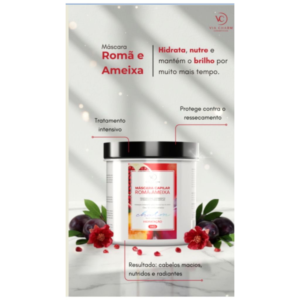 Máscara Romã e Ameixa Via Charm - Hidratação Profunda e Brilho Espelhado - 1Kg