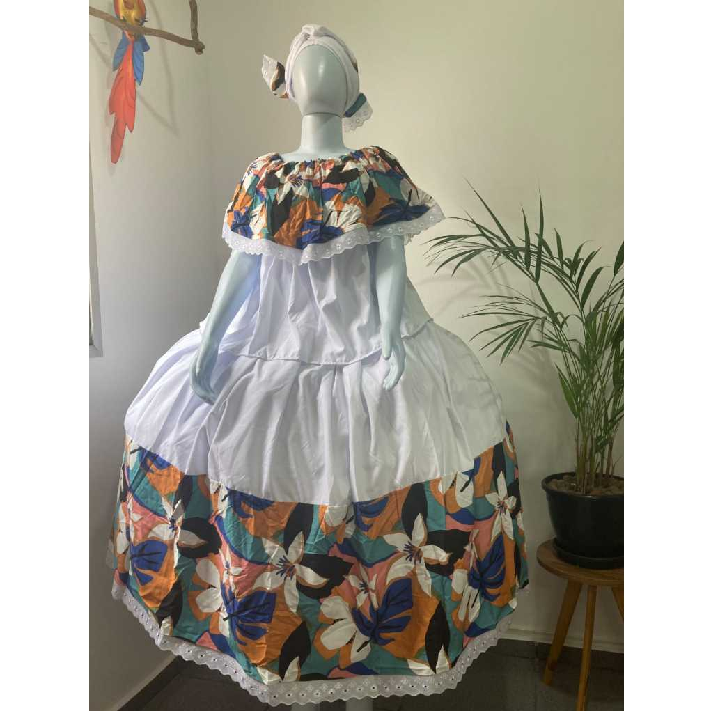 CONJUNTO CABOCLO/JUREMA/UMBANDA/CANDOMBLÉ BRANCO E FLORIDO 3 PEÇAS - SAIA + BATA + OJÁ