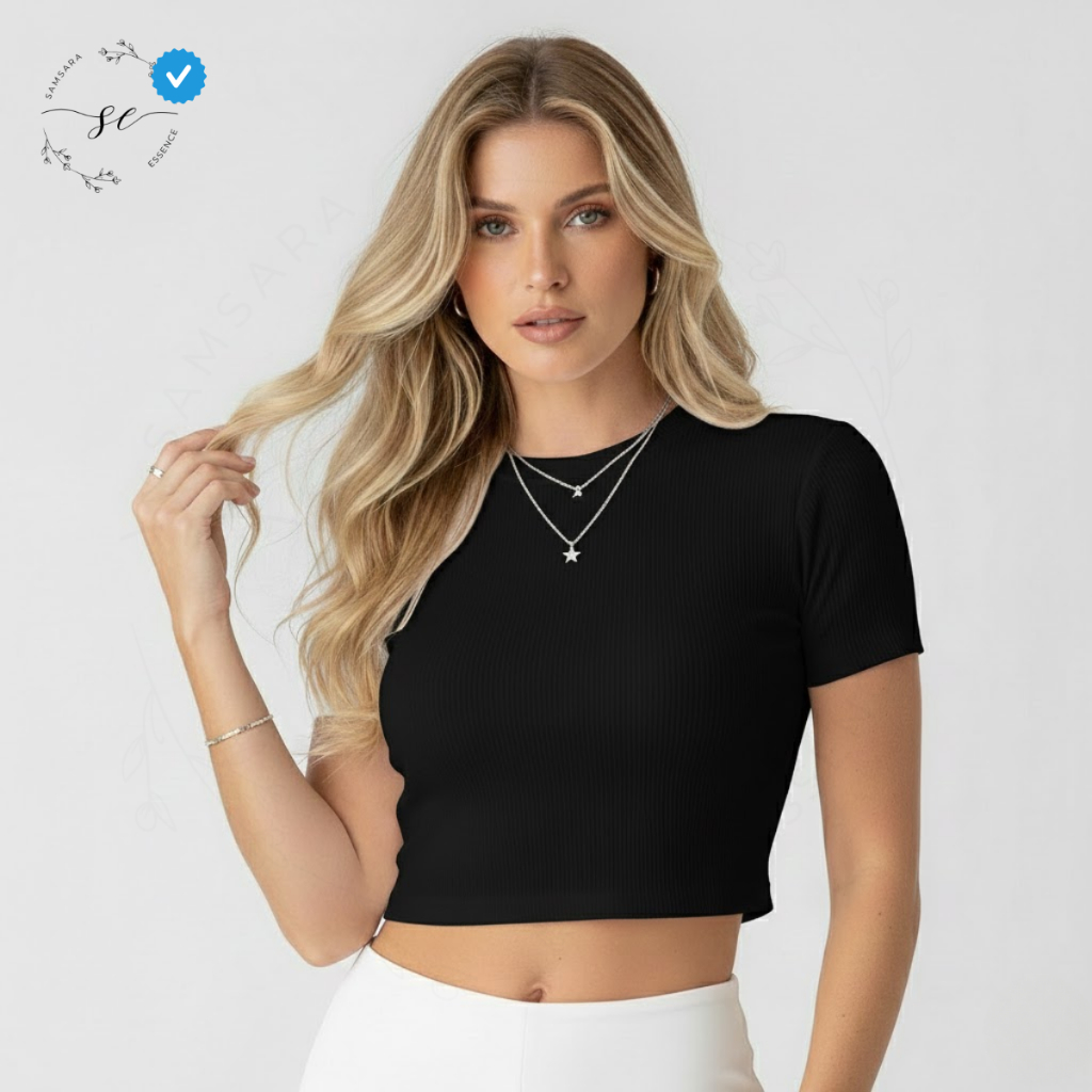 Camiseta Feminina Cropped Tecido Ribana Canelado Premium Manga Curta Estilo Básico Luí Lilly