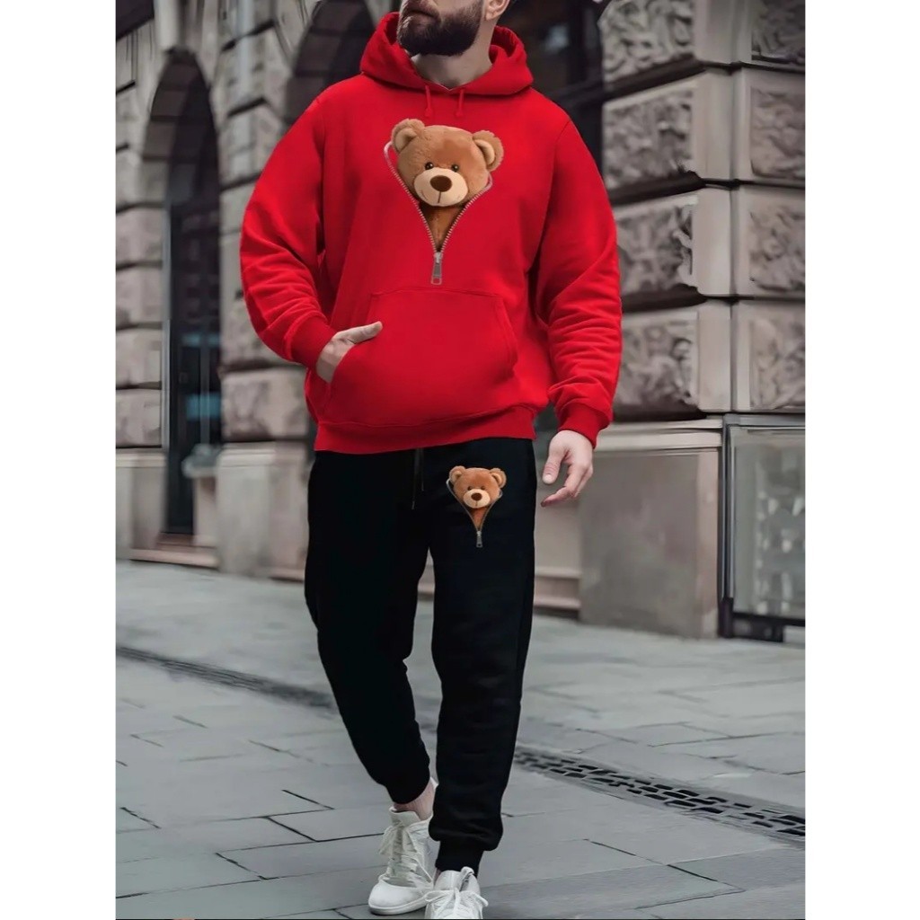 Conjunto Estiloso Streetwear Bear Urso Masculino Moletom Premium Flanelado Alta Qualidade Lançamento