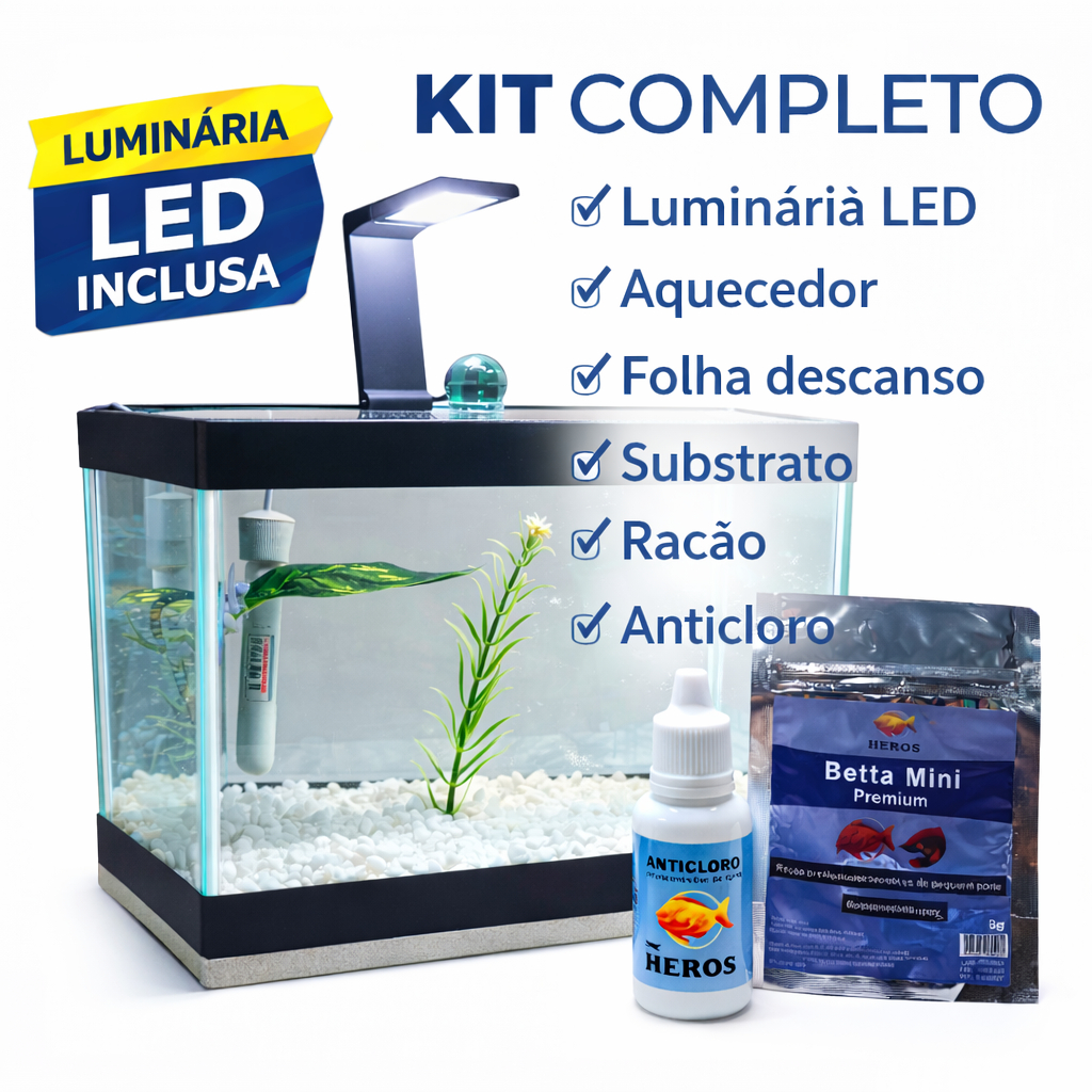 Aquário Completo Beteira - Aquário + Luminária + Decorações + Aquecedor + Ração e Anticloro em Oferta na Shopee