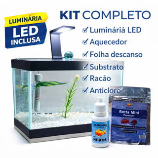 Aquário Completo Beteira - Aquário + Luminária + Decorações + Aquecedor + Ração e Anticloro em Oferta na Shopee