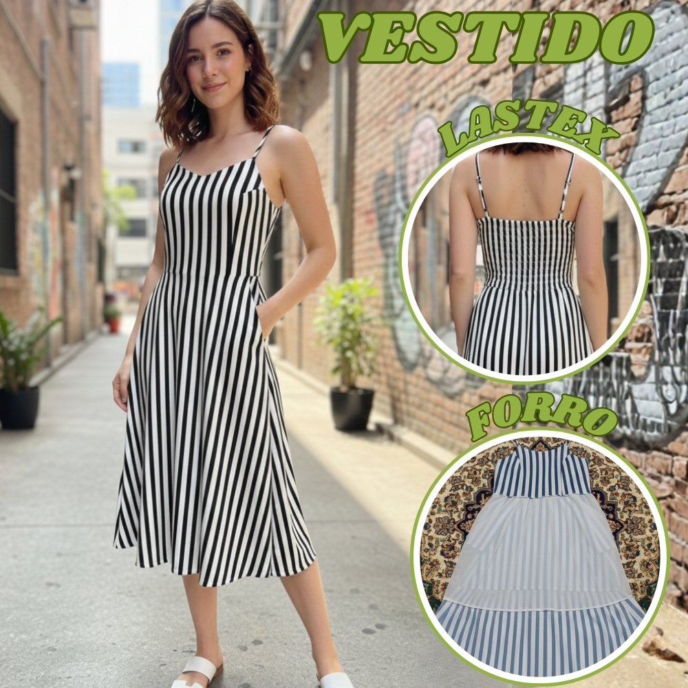 Vestido Feminino listrado Midi duna com bolso em Oferta na Shopee