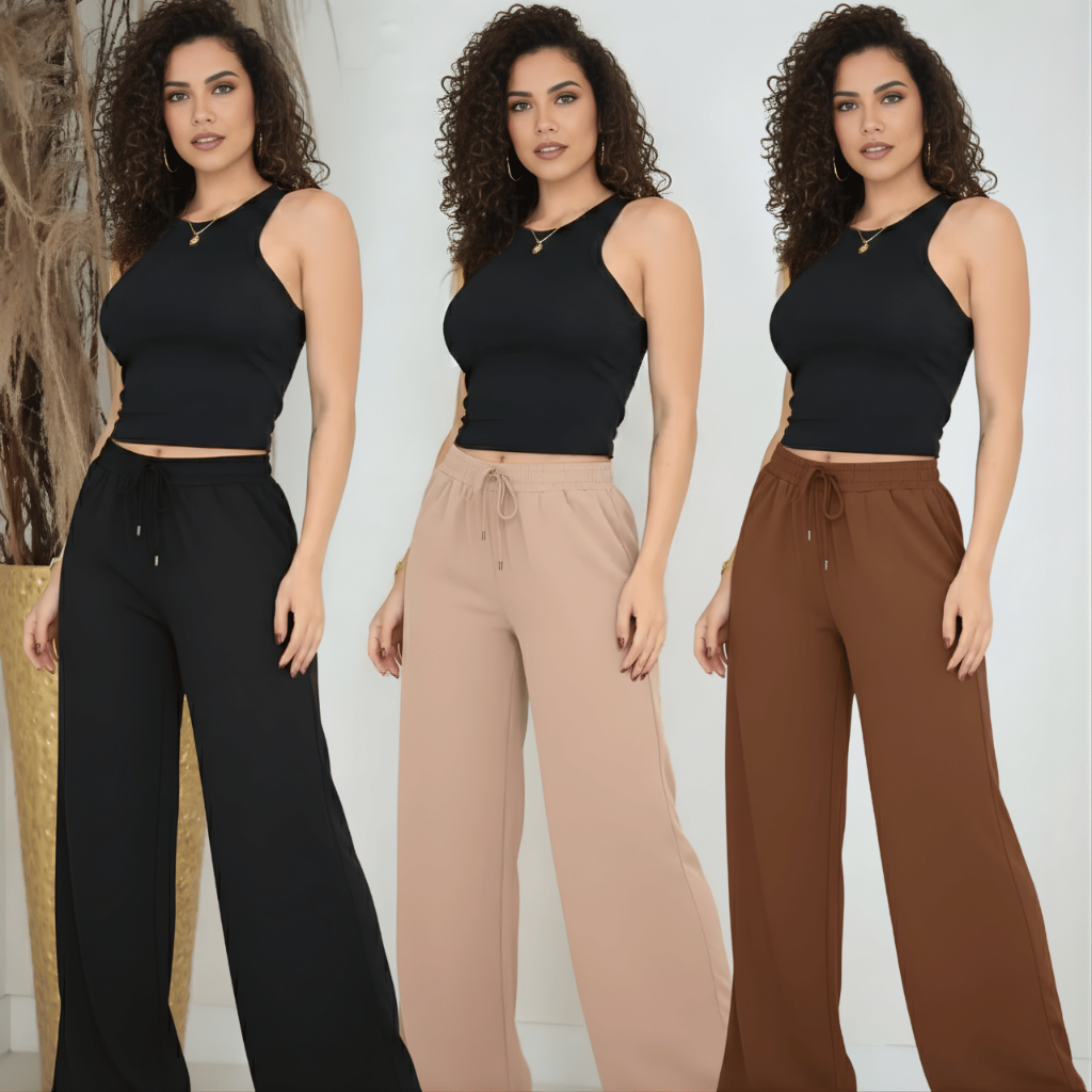 Calça Pantalona Feminina Duna Com Bolso Cintura Alta em Oferta na Shopee