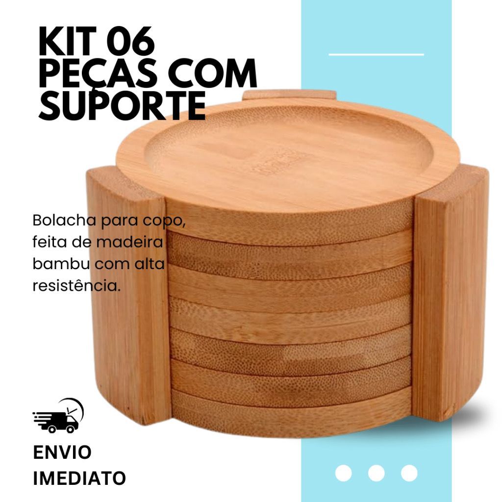 Porta Copos Redondo de Madeira Com Suporte Bambu 6 Peças Bolacha Para Copo Ecokitchen