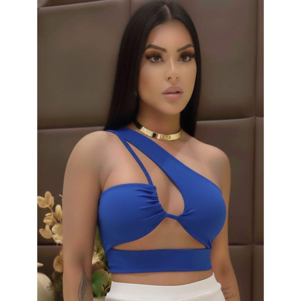 Cropped Feminino Suplex com Bojo – Alça Assimétrica e Transparência Fashion em Oferta na Shopee