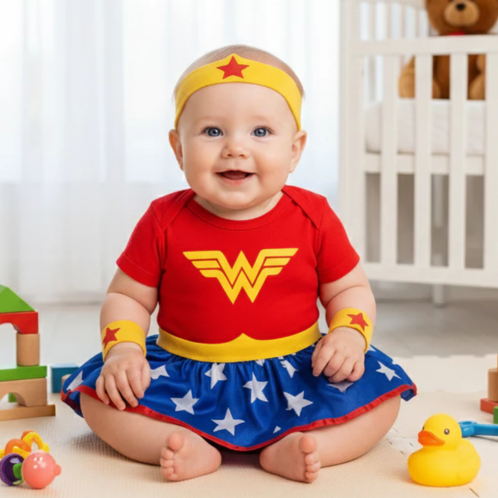 Body Bebe Temático Mêsversario Fantasia da Mulher Maravilha - Suedine 100% Algodão em Oferta na Shopee