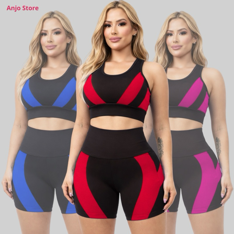 Conjunto Fitness de Academia Feminino Top Nadador + Short de Academia Cintura alta em Oferta na Shopee