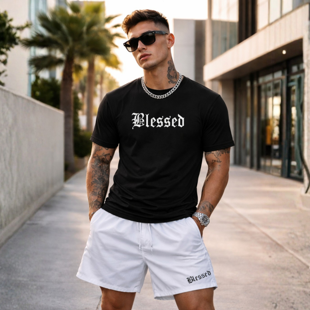 Conjunto Masculino Blessed Camiseta Algodão + Bermuda Tactel Branca Estilo Streetwear