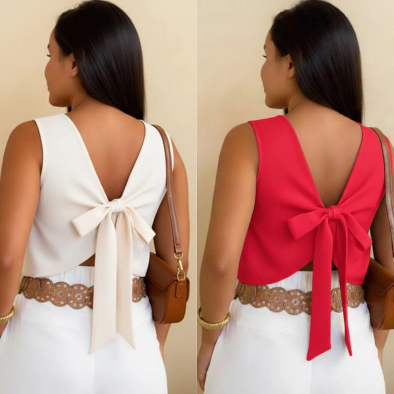 KIT 2 CROPPED BLUSA FEMININA LAÇO NAS COSTAS DUNAS 2 FORMAS DE USAR