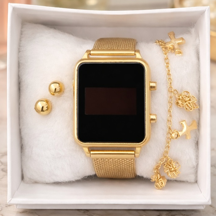 Kit Feminino com Relógio LED + Pulseira e Brinco – Estilo, Elegância e Presente Perfeito Completo