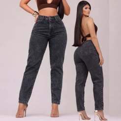 Calça MOM Jeans Destroyed 100% Algodão Cintura Alta Sem Lycra
