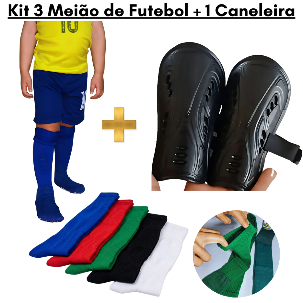 Kit 3 meia meião de futebol esportivo longo comprido infantil/juvenil + 1 Caneleira Infantil Futsal em Oferta na Shopee