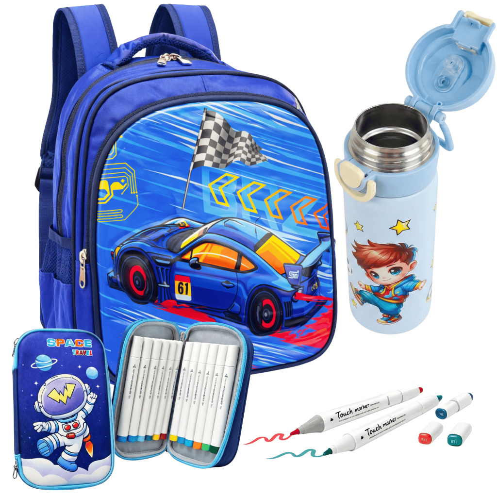 Kit Mochila Infantil com 60 Marcadores de Ponta Dupla, Estojo e 5 Carrinhos de Brinquedo