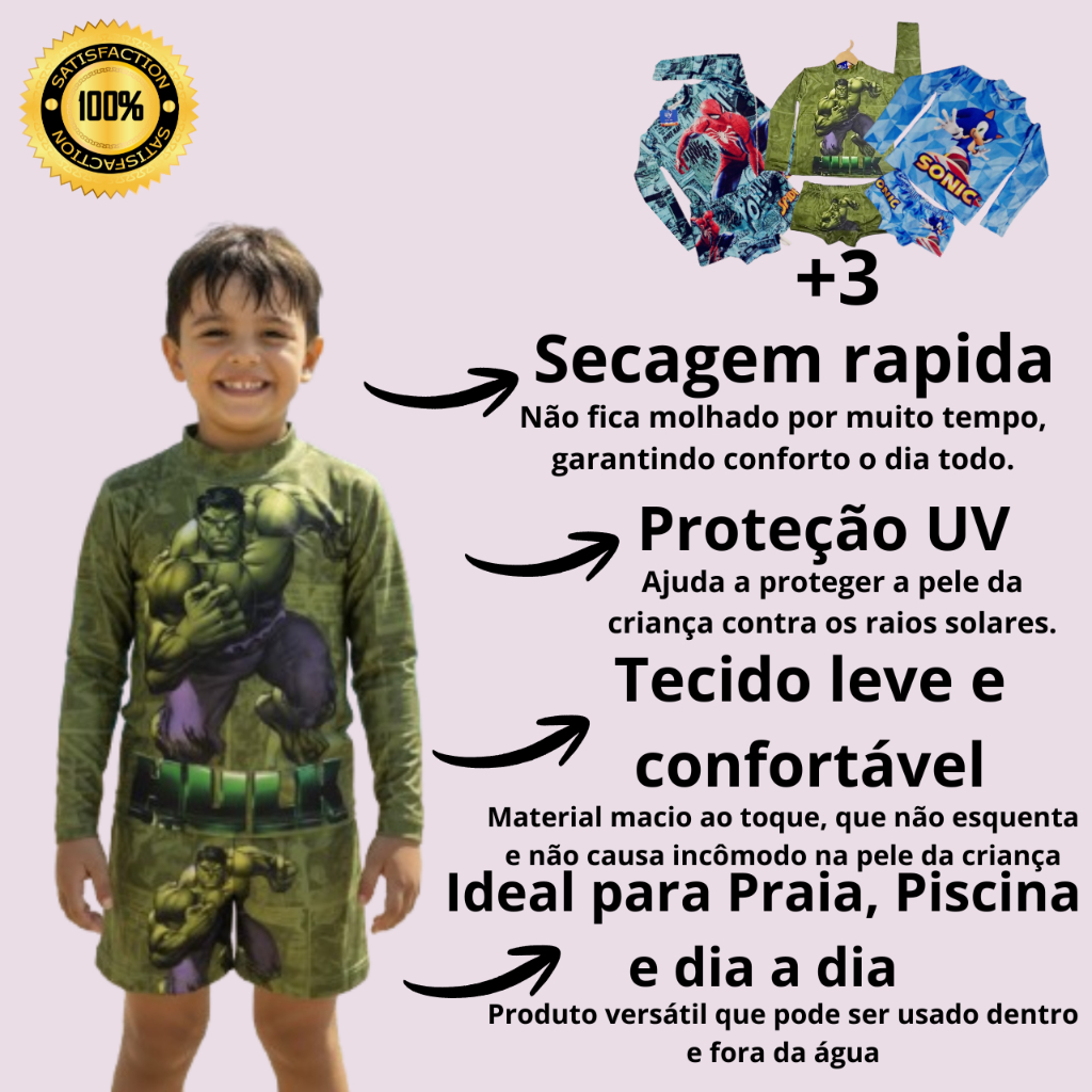 Conjunto Infantil Kit Camisa e Sunga - Moda Praia Infantil UV Menino -  Tecido com Proteção Solar – Incrível Hulk