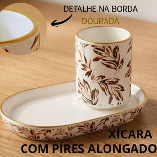 Xícara de Café 150ml Cerâmica com Pires Alongado Floral e Borda Dourada em Oferta na Shopee