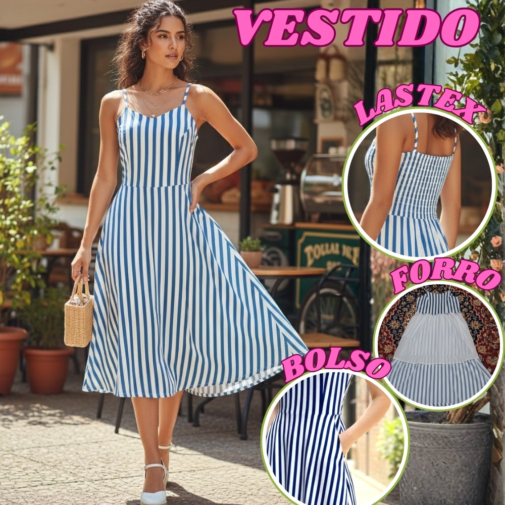 Vestido Listrado Midi feminino  Duna lastex e bolso em Oferta na Shopee