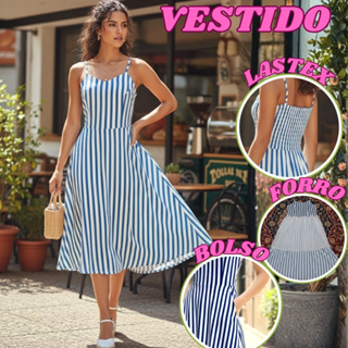 Vestido Listrado Midi feminino  Duna lastex e bolso em Oferta na Shopee