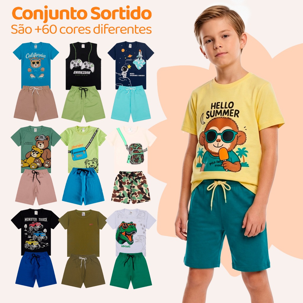 Kit Sortido 6 ou 10 Peças de Roupa Infantil Menino Verão (5 Camisetas + 5 Bermudas) Kit Conjunto Infantil Bebê Masculino em Oferta na Shopee