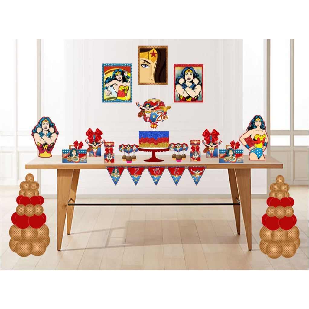 Ki festa Mulher Maravilha decoração de aniversário - lembrancinhas - caixinhas - topo de bolo - kit festa super heróis