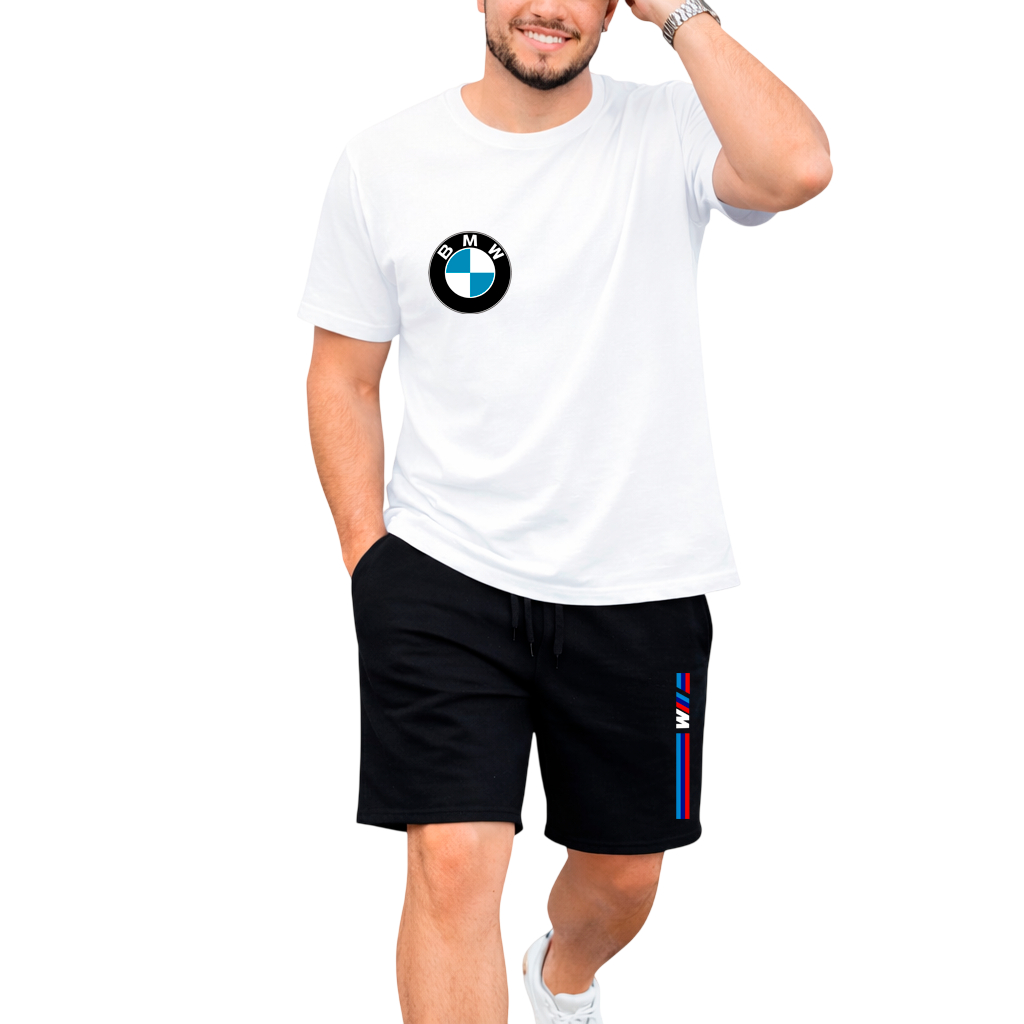 Conjunto Masculino BMW  Camiseta Algodão + Bermuda Tactel Estilosa Esportiva Casual