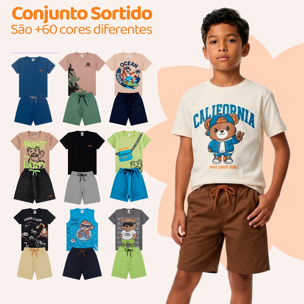 Kit Sortido 6 Peças de Roupas Infantil Menino Verão (3 Camisetas + 3 Bermudas) Kit 3 Conjunto Infantil Bebê Menino Verão em Oferta na Shopee