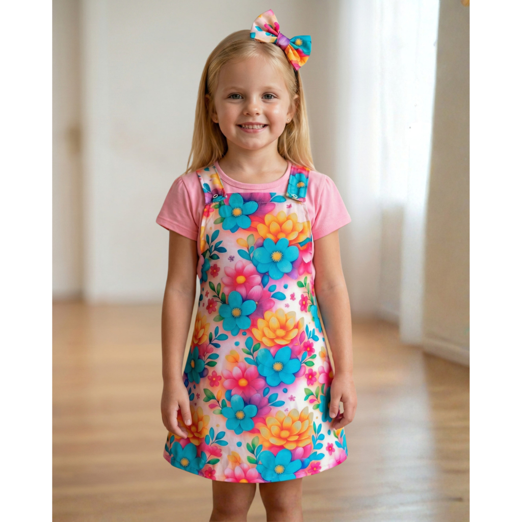Salopete e Blusa Conjunto de Verão Blusa e Jardineira Infantil Estampa de Flores para criança menina