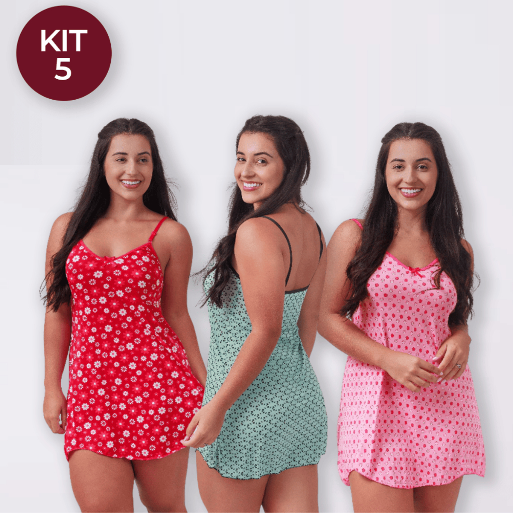 Kit 5 Camisolas Feminina Poliéster Estampada Adulto Pijama Feminino Sexy Camisola Vestido de Dormir em Oferta na Shopee