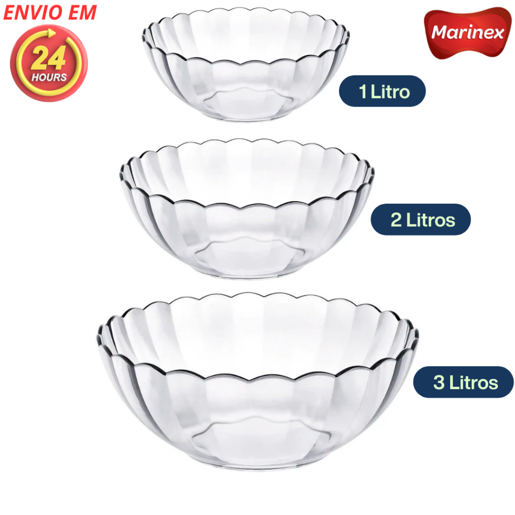 Kit Conjunto 3 Tigelas Bowl Marinex Bella 3,1L + 2L + 1L Vidro Temperado Resistente e Versátil Duralex