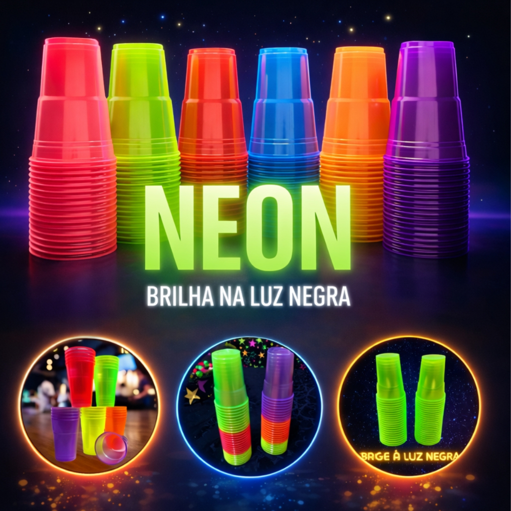 Kit 100 Copos Neon 300ml Descartável Premium Festa Balada Brilha Escuro Luz Negra Colorido Descartáveis Para Festa em Oferta na Shopee
