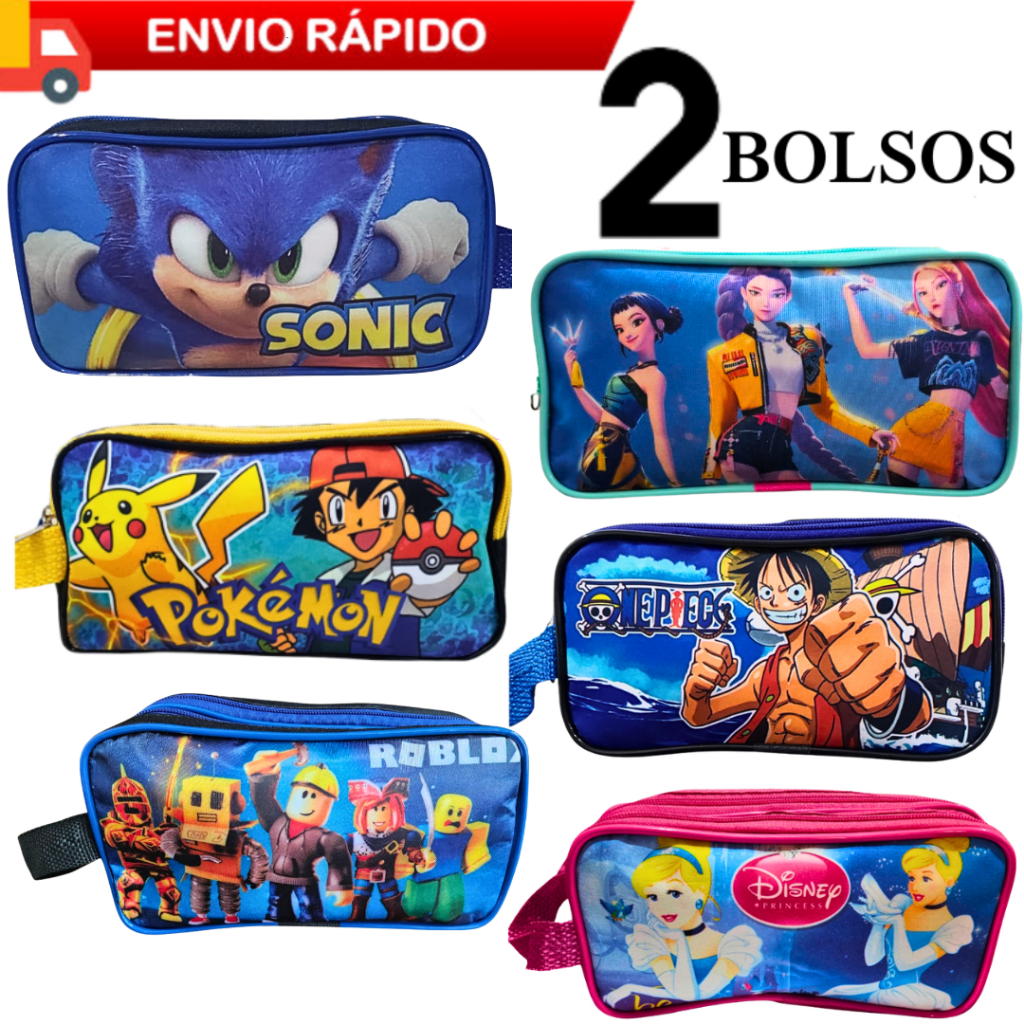 Estojo Escolar 2 Bolsos Grandes Infantil Personagens Desenho Pokémon One Piece Sonic Roblox Kpop Cinderela