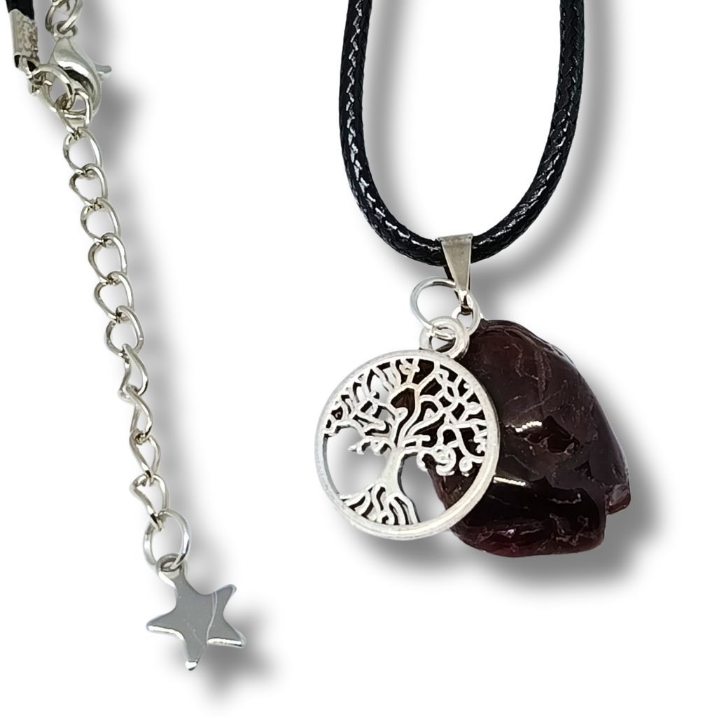 Colar Pedra Granada Natural (Garnet) com Mandala Árvore | Cristal Rolado Boho Esotérico