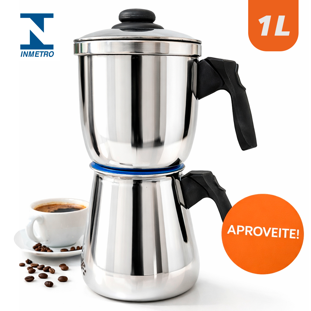 Cafeteira Italiana de Fogão 1L Alumínio Polida e Craqueada – Design Craquelado Certificado INMETRO