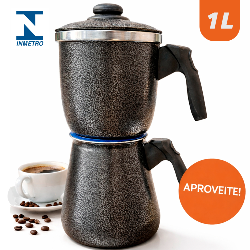 Cafeteira Italiana de Fogão 1L Alumínio Polida e Craqueada – Design Craquelado Certificado INMETRO