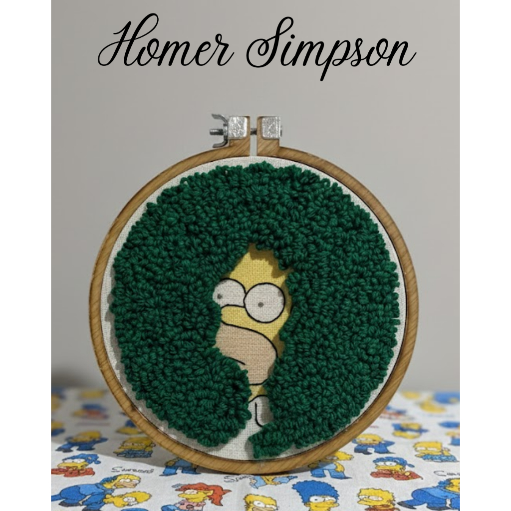 Quadro Têxtil Homer Simpson | Arte Impressa + Bordado Manual + Punch Needle | Pronta Entrega