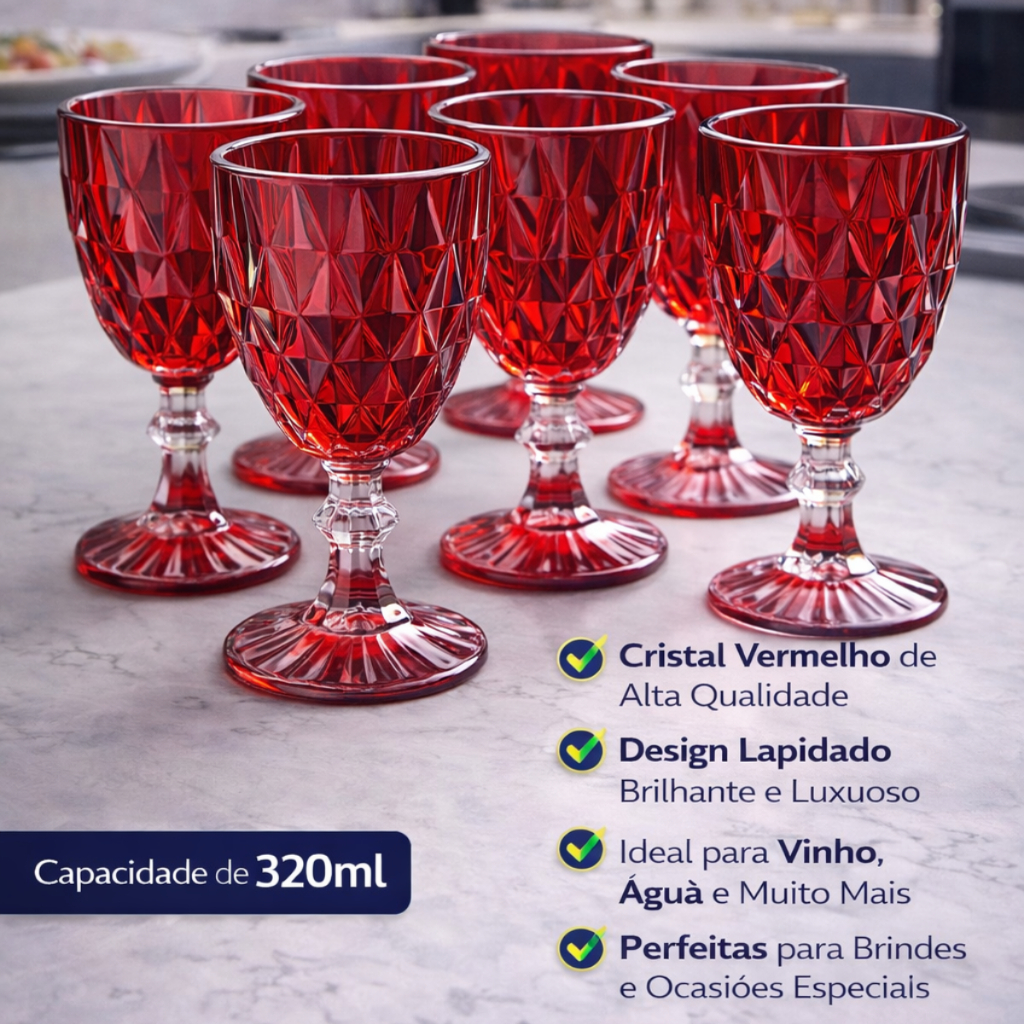 Conjunto 2,4,6 Taças De Vidro Diamante Cristal Vermelho Clássico e Elegante Cozinha Moderna Premium em Oferta na Shopee