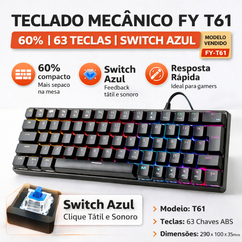 Teclado Mecânico FY T61 60% USB 63 Teclas Switch Azul Gamer Compacto