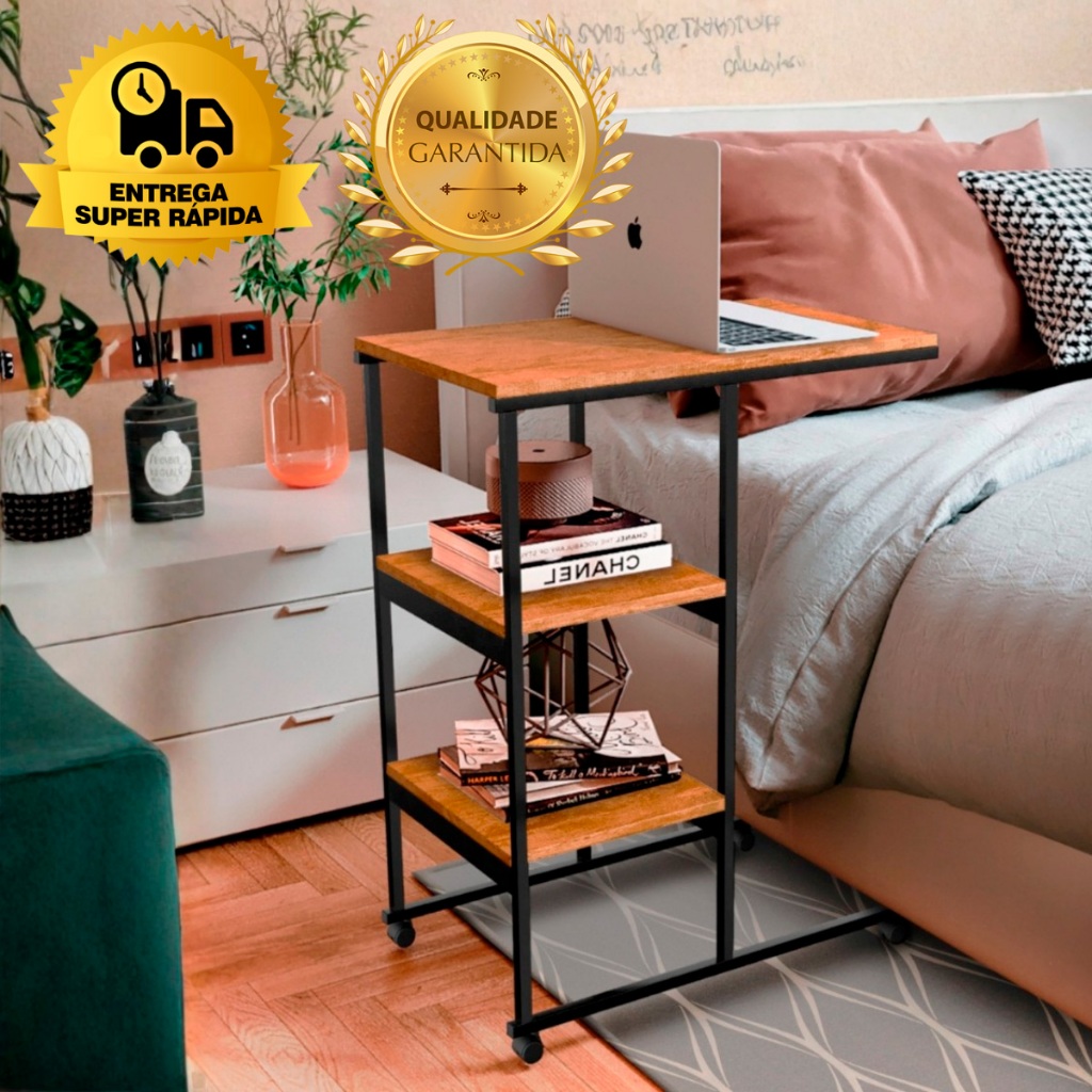 Mesa Lateral de Apoio Carrinho Auxiliar para Cama Sofá Estilo Industrial com Rodinhas