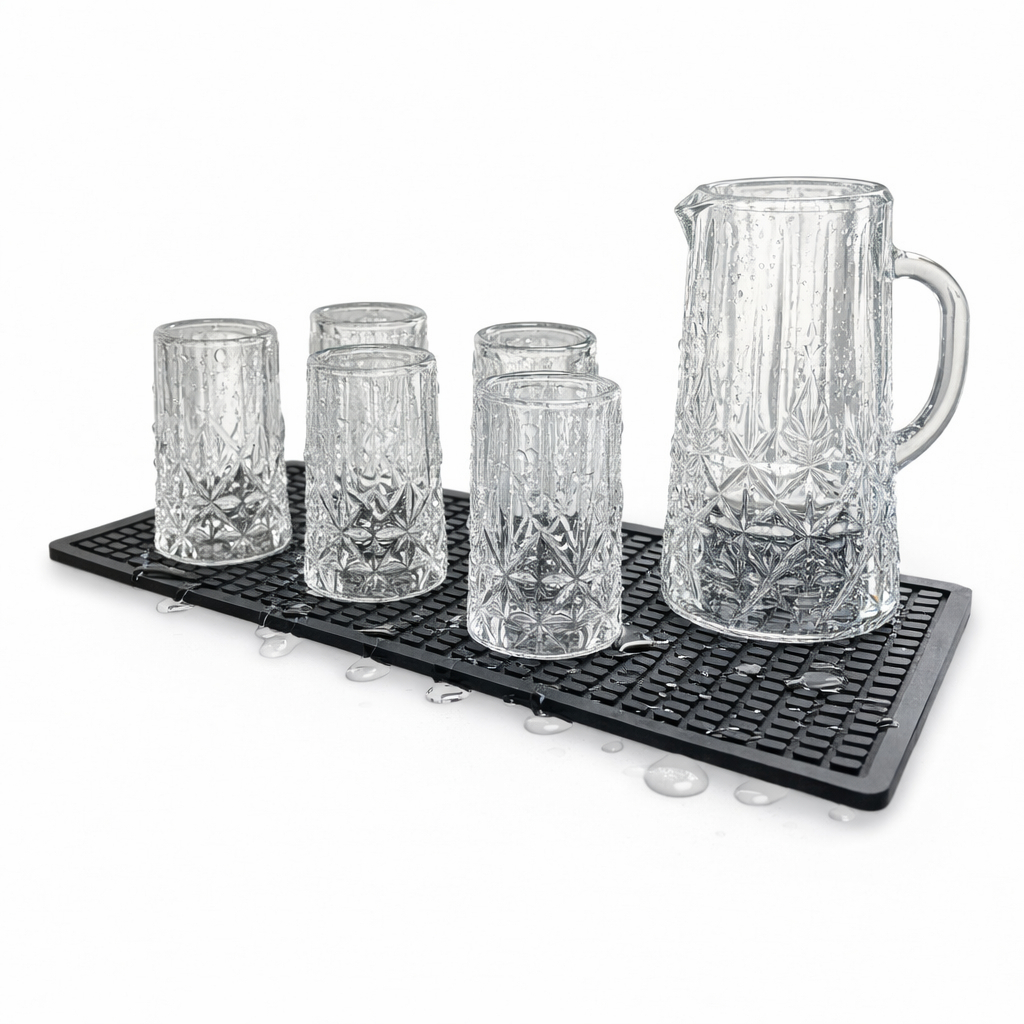 Kit Tapete Emborrachado Antiderrapante 45x15cm + 6 Porta Copos Bar e Bancada