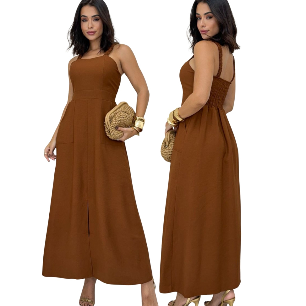 VESTIDO MIDI COM BOLSO ALÇA ESTASTEX NAS COSTAS CON BOJO FORRADO TAMANHO M G em Oferta na Shopee