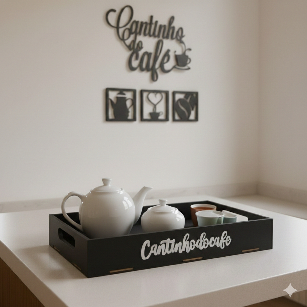 Kit Cantinho do Café Completo MDF com Bandeja Organizadora e Placas Decorativas