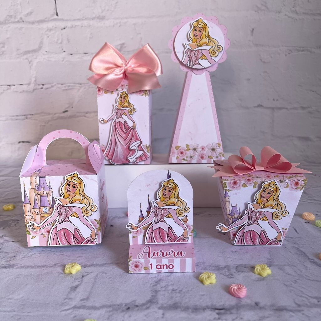 Kit Personalizados Princesa Aurora PEGUE E MONTE COM LAÇOS – Lembrancinha Caixinhas Bela Adormecida