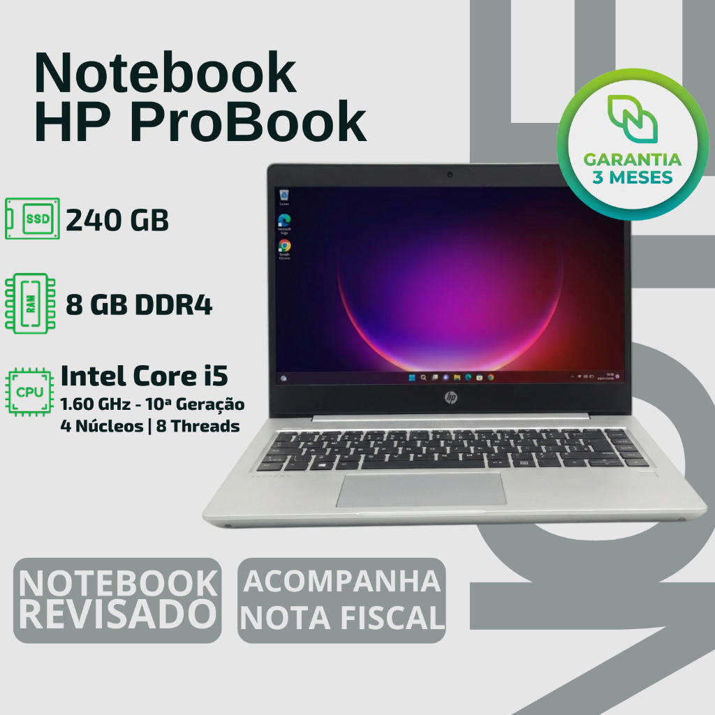 Notebook Hp Probook | Core I5 10a Ger | Ssd 240gb | Ram 8gb - QUALIDADE TRABALHAR CONFIAVEL BARATO CRIATIVO TÉCNICO HOME