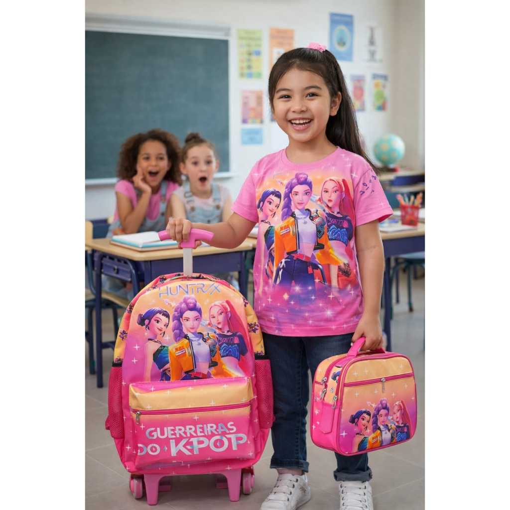 Kit Mochila de Rodinha Guerreiras do KPOP Huntrix 3 Peças Kit  Menina
