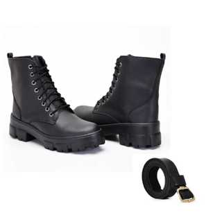 kit Feminino Coturno Tratorado sem Bag Preto + Cinto Preto