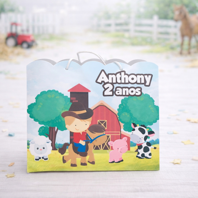 Sacolinha G Personalizada Fazendinha menino loiro - animais fazenda | Lembrancinha Festa Infantil
