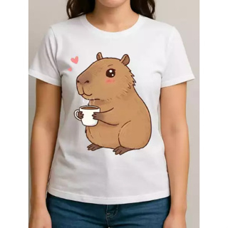 Camisa Camiseta Feminina Capivara Café Estilosa Minimalista Street Gola Redonda Ajuste Regular 100% Algodão em Oferta na Shopee