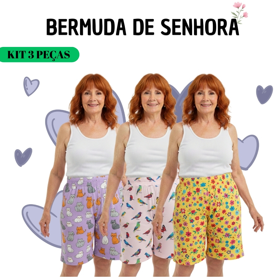 KIT 3 Bermuda Feminina senhora em Malha Fria Leve e Fresca