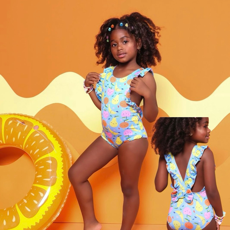 Maiô Infantil Menina Com Babado Forrado Proteção UV Moda Praia Verão Tecido Summerplex Confortável Luxo Kids