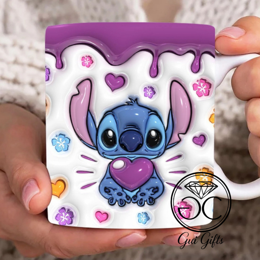 Caneca Xícara Personalizada Lilo e Stitch Disney Efeito 3D Porcelana 325ml Presente